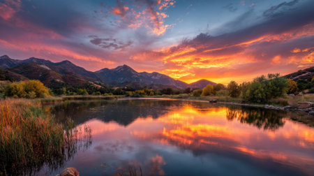 Vibrant sunset paints the sky as mountains mirror their beauty in serene waters below.の素材