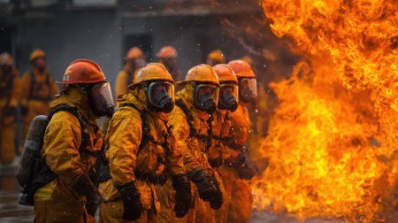 Firefighters dressed in protective gear stand firm against raging flames showcasing bravery and teamwork.の素材