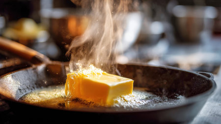 Melted butter sizzles in a cast iron frying pan, releasing steam and rich aroma. The warm light highlights the cooking scene, creating an inviting atmosphere in the kitchen.の素材
