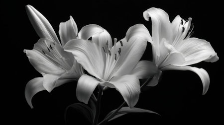 Three stunning white lilies unfold their petals creating a striking contrast with the black background.の素材