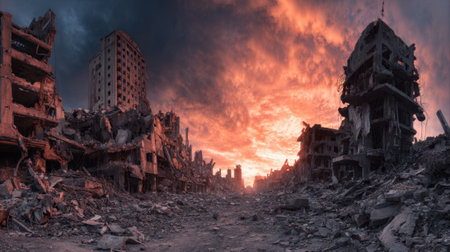 A devastated urban landscape is illuminated by a stunning sunset blending darkness and color.の素材