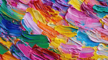 Vivid strokes of paint blend together on a canvas, creating an abstract texture filled with bright colors. This artwork showcases swirling patterns and dynamic color combinations.の素材