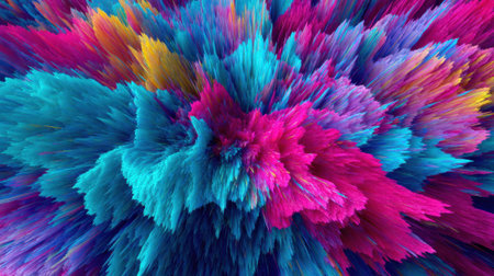 A stunning display of bright blues, pinks, and yellows forms an abstract explosion, creating an energetic visual experience. The vibrant colors blend and contrast are remarkable.の素材