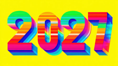 Bright and bold 2027 design showcases colorful layers in a 3D style. The vibrant colors stand out against a cheerful yellow background, creating a festive mood.の素材