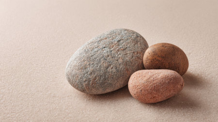 Three smooth stones varying in size and color rest gently on a light beige surface creating calmness.の素材