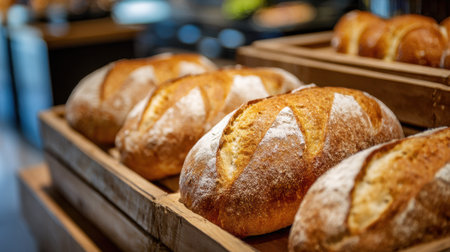 Rows of golden-brown artisan bread are lined up in wooden crates, showing the fresh and warm loaves ready for customers to enjoy in a bustling bakery.の素材