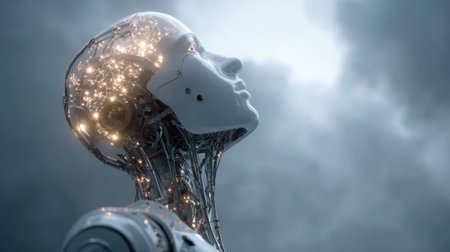 A humanoid robot stands with its head held high showcasing glowing circuits against a gray sky.の素材