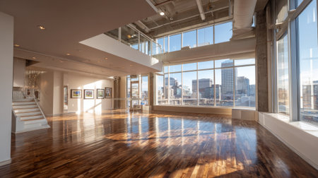 Sunlight floods the spacious loft highlighting its wooden floors and urban skyline backdrop.の素材