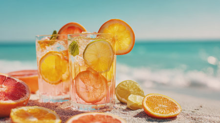 Two colorful citrus drinks sit on sand surrounded by fresh fruit with ocean waves in the background.の素材