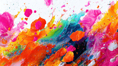 This artwork features bright splashes of color in pink, orange, and blue, creating a dynamic scene full of energy and creativity. The fluid movement captures an imaginative essence.の素材