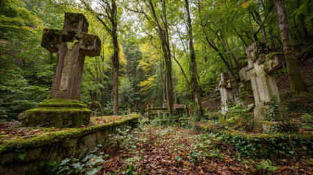Ancient gravestones covered in moss are surrounded by vibrant trees in a serene forest setting.の素材