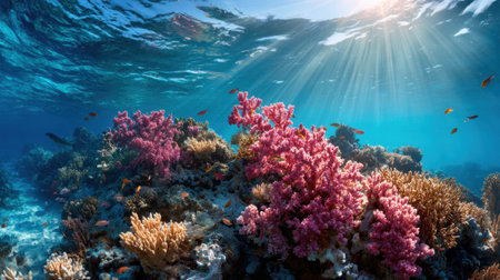 Bright corals and lively fish create a thriving underwater scene in clear waters.の素材