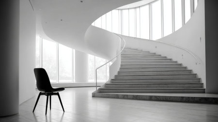 A spiral staircase curves gracefully in a bright area with a single chair resting nearby.の素材