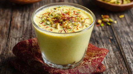 Enjoying a vibrant saffron and pistachio drink garnished with nuts perfect for a cozy gathering.の素材