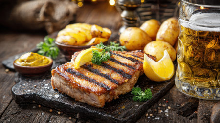 Savory grilled steak served with crispy potatoes mustard and a refreshing drink in a cozy setting.の素材