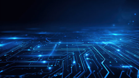 Lines of glowing circuits stretch into the distance reflecting a tech inspired realm bathed in blue.の素材