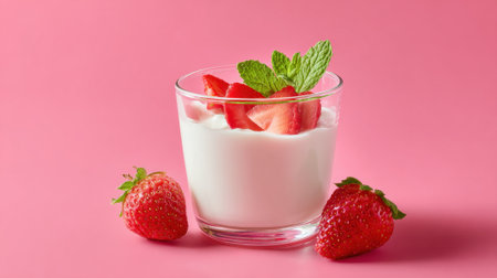 Fresh strawberries and mint garnish a creamy dessert in a clear glass placed on a vibrant pink surface.の素材