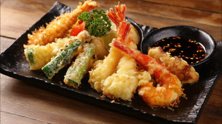 Tempura dish featuring golden fried shrimp and assorted vegetables rich in flavor and texture.の素材