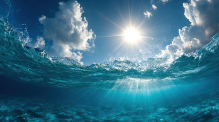 Waves shimmer brilliantly under a bright sun creating a mesmerizing view of the ocean depths.の素材
