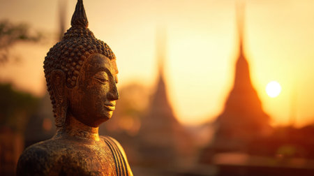 A serene Buddha statue stands still against a backdrop of pastel skies and ancient pagodas.の素材