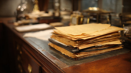 Papers are piled high on a desk showing the essence of past thoughts and memories in a cozy study.の素材