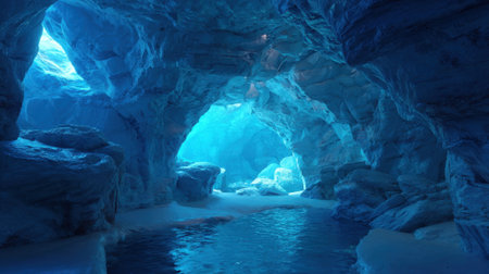Crystal clear water reflects stunning blue light in a serene icy cave landscape inspiring wonder.の素材
