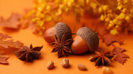 Acorns and star anise are placed among colorful autumn leaves creating a warm seasonal display.の素材
