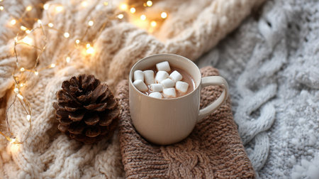 A comforting cup filled with hot chocolate and marshmallows sits on a knitted blanket surrounded by soft glowing lights.の素材