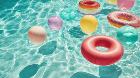 Brightly colored floaties and balls drift playfully in clear sparkling water inviting summer fun.の素材