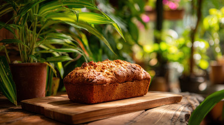 A freshly baked loaf of bread rests on a wooden cutting board. Surrounding it are various green plants, creating a warm and inviting atmosphere during the day.の素材