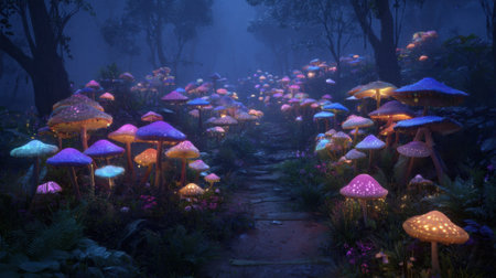 A serene path winds through a mystical forest lined with vibrant glowing mushrooms under twilight.の素材