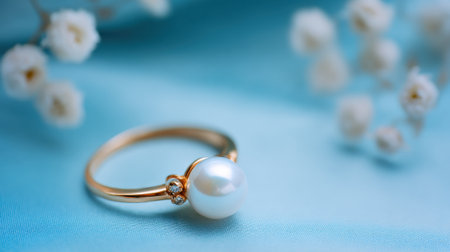A beautiful pearl ring rests on a smooth blue silk fabric, featuring a gold band and sparkling diamond accents. Delicate white flowers are blurred in the background, enhancing the elegance.の素材