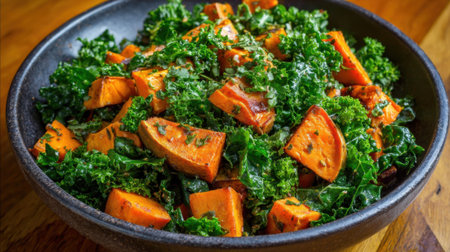 Freshly prepared salad featuring sweet potatoes and kale highlighted by herbs and seasonings.の素材