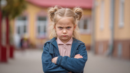 A girl stands with crossed arms displaying a serious expression while outdoors at school.の素材