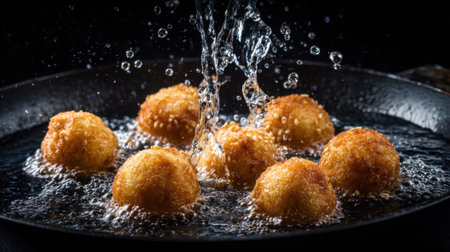 Bubbles form around golden fried balls as they cook in hot oil. Water is splashed into the pan, adding excitement to this kitchen scene. The setup emphasizes the cooking process.の素材