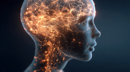 A detailed representation of a human-like figure's profile with glowing neural connections illuminating the head, set against a dark background showing technology and intelligence concepts.の素材
