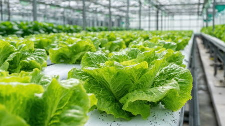 Vibrant green lettuce plants thrive in a spacious greenhouse with bright natural light.の素材
