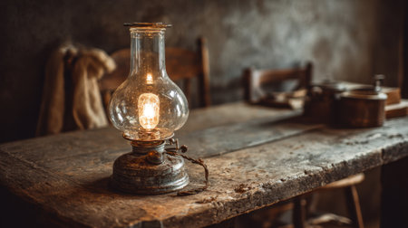 A vintage lantern casts a warm glow on a weathered wooden table creating a cozy atmosphere.の素材