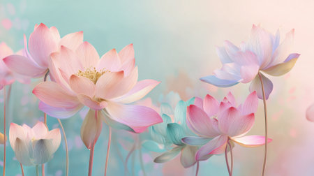 Gentle lotus flowers bloom gracefully in a tranquil setting radiating soft colors and peace.の素材