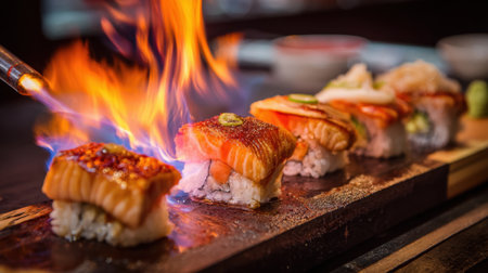 Sushi rolls topped with seared salmon are being flambeed creating a captivating atmosphere at dinner.の素材