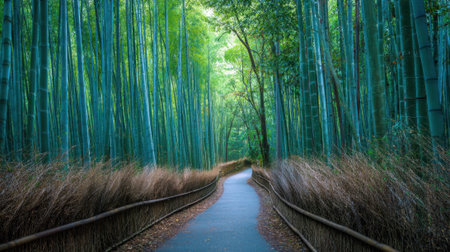 A tranquil pathway leads through tall bamboo trees creating an enchanting nature scene of calmness.の素材