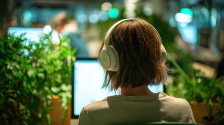 A person with short hair wearing headphones works diligently at a computer in a lively office filled with plants.の素材