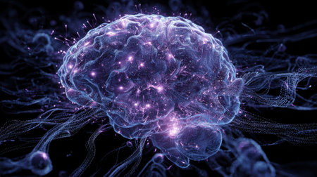 A mesmerizing view of a glowing brain surrounded by radiant neural pathways in a dark atmosphere.の素材