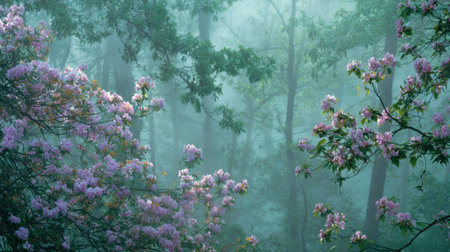 Soft light breaks through fog illuminating vibrant flowers and lush trees in peaceful woods.の素材