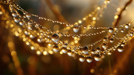 Droplets of water sparkle on a web illuminated by the soft morning light in a tranquil setting.の素材