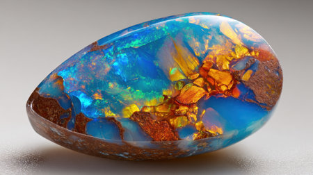 A stunning opal displays vibrant hues of blue and orange reflecting light beautifully.の素材