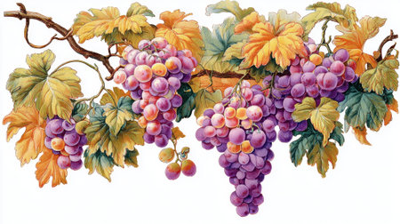 Clusters of ripe grapes hang from a lush vine surrounded by vibrant autumn leaves in a garden.の素材