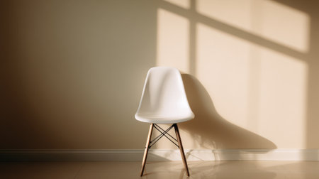 A modern white chair stands alone against a beige wall with sunlight creating gentle shadows.の素材