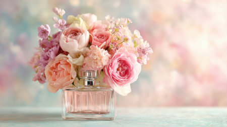 A delicate bouquet of roses and flowers stands beside a chic glass perfume bottle creating a lovely scene.の素材