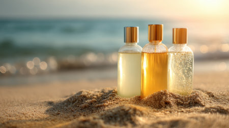 Natural oil bottles sit on soft sand by the shore as the sun sets, casting a warm glow on the scene. Gentle waves lap at the beach, creating a serene atmosphere.の素材